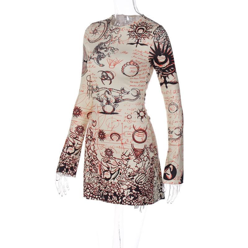 Crew Neck Bell Cuff Mystical Tapestry Print Bodycon Mini Dress 3