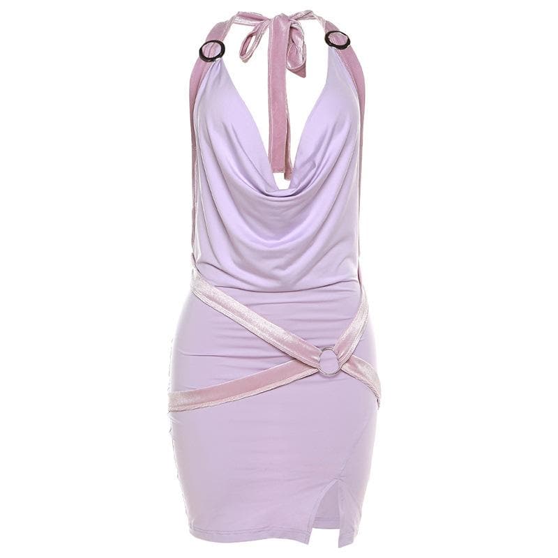 Cowl Neck Halter O Ring Velvet Cross Strap Side Slit Mini Dress