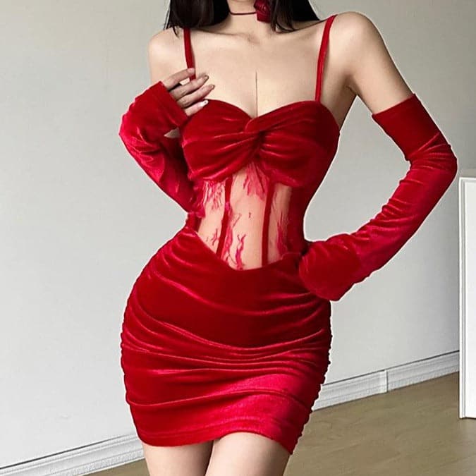 Velvet Sweetheart Neck Lace Panel Corset Detached Sleeve Mini Dress