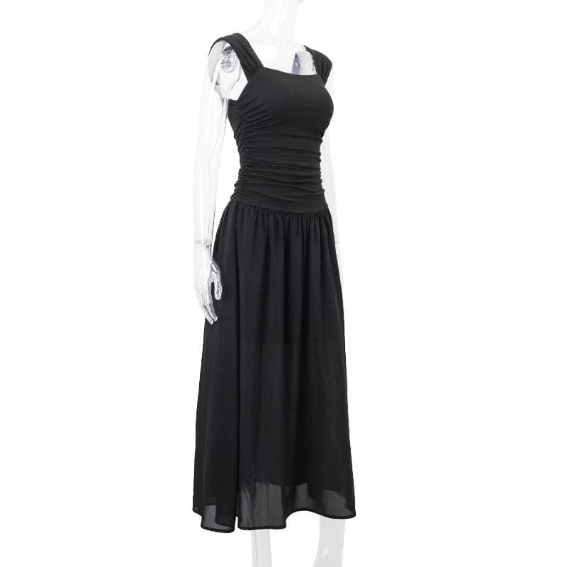 Square Neck Wide Strap Ruched Bodice Dropped Waist Gathered Maxi Dress 3