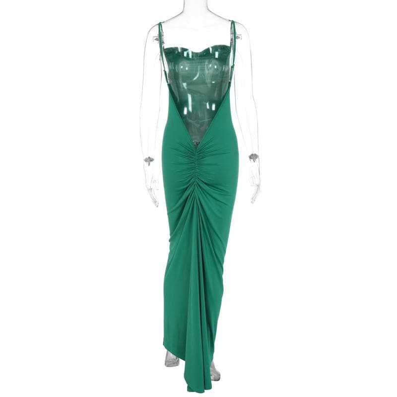 Spaghetti Strap Plunging Backless Ruched Bodycon Maxi Dress 11