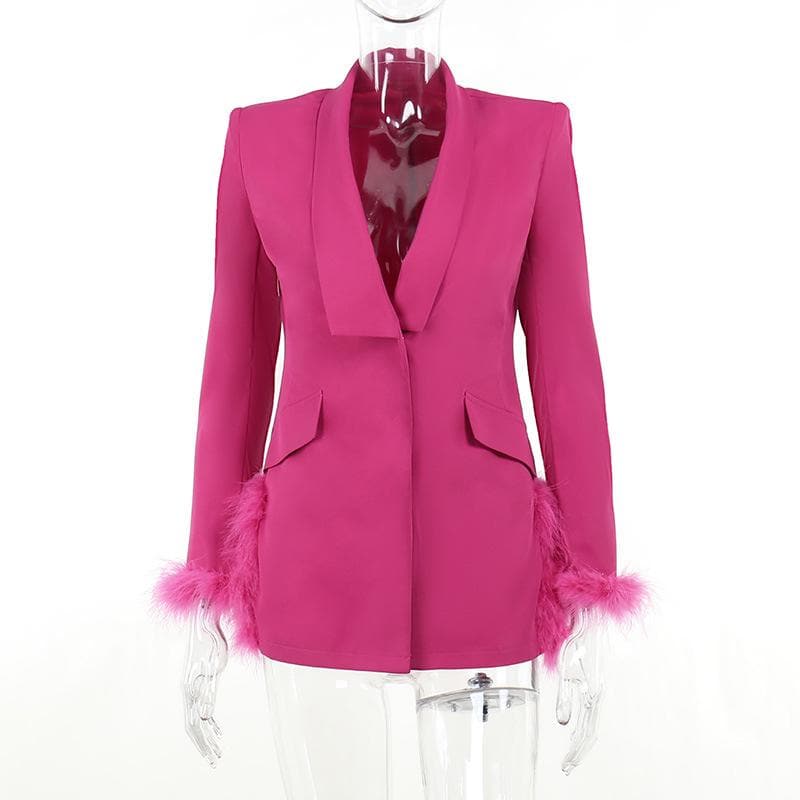 Shawl Collar Feather Trim Longline Blazer Coat 2