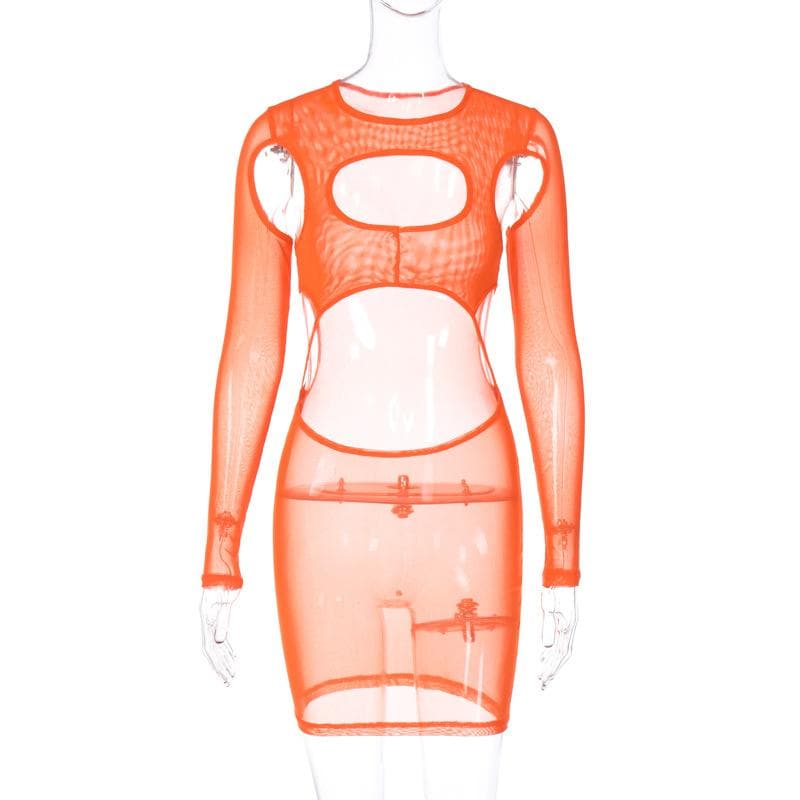 Hollow Out Sheer Mesh High Neck Long Sleeve Cutout Mini Dress 9