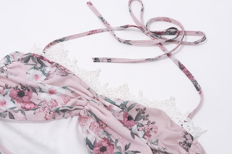 Halter Floral Print Lace Trim Midriff Cutout Ruffle Hem Mini Dress and Lace Arm Sleeves Set 5