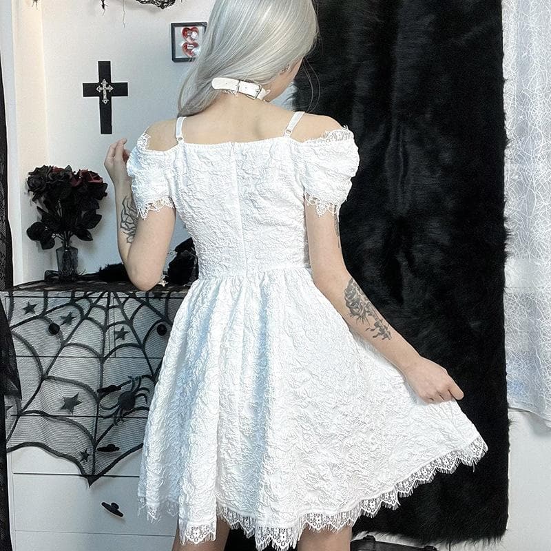 Hollow Out Off Shoulder Short Sleeve Crucifix Applique Bowknot Lace Hem Mini Dress 4