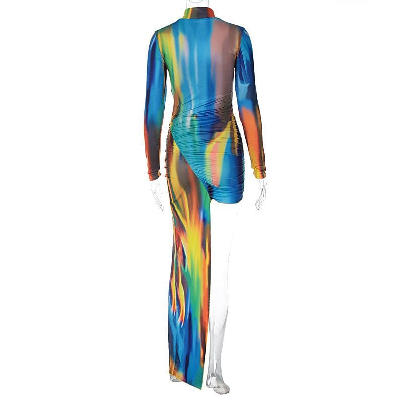 Mock Neck Long Sleeve Aurora Print Ruched Asymmetric Maxi Dress 3