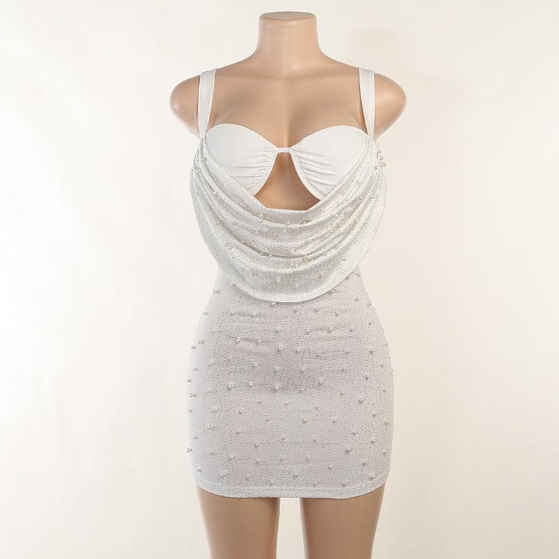 Cowl Overlay Sweetheart Cutout Rhinestone Pearl Beaded Sleeveless Mini Dress 3