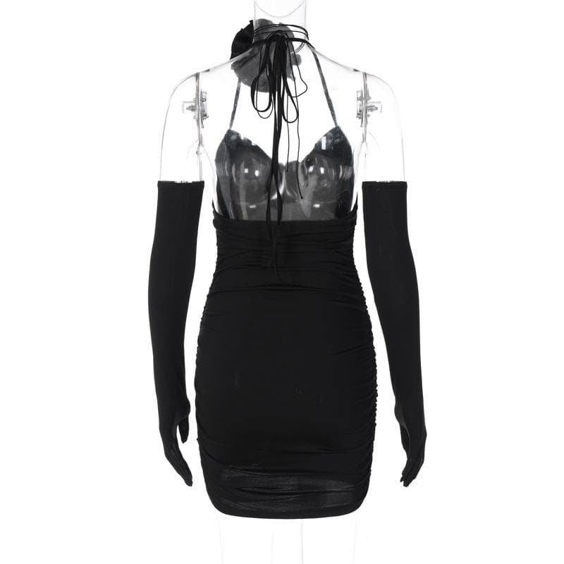 Sweetheart Halter Neck 3D Floral Applique Ruched Bodycon Mini Dress 4