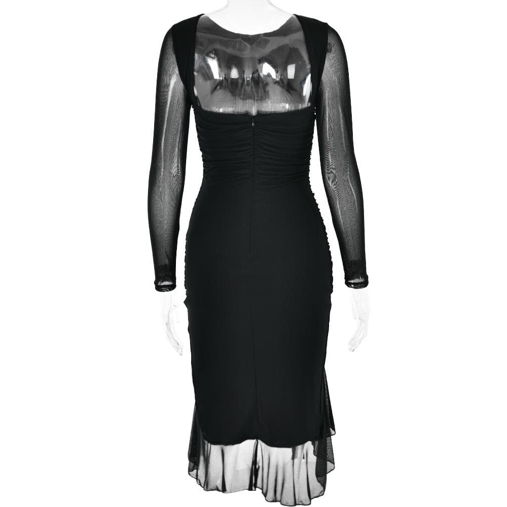 Zip Front Mesh Ruched Long Sleeve Backless Midi Dress 5