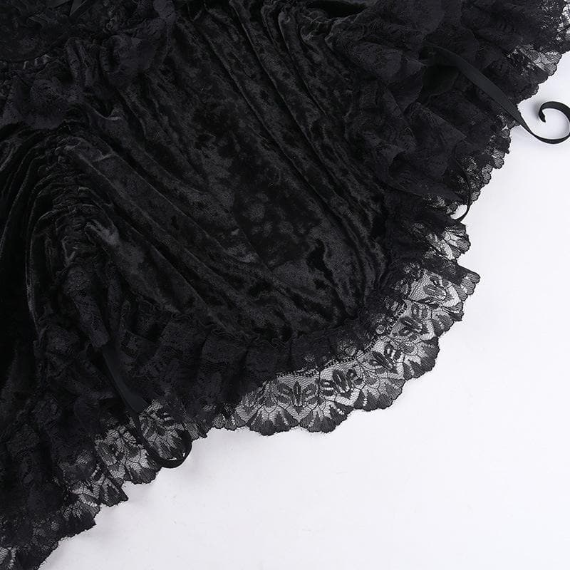 Sleeveless Velvet Lace Hem Ruffle Lace-Up Mini Dress 6