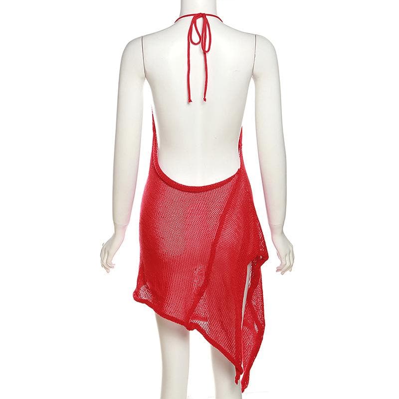 Halter Self Tie Crochet Mesh Asymmetric Ruffle Hem Backless Mini Dress 3