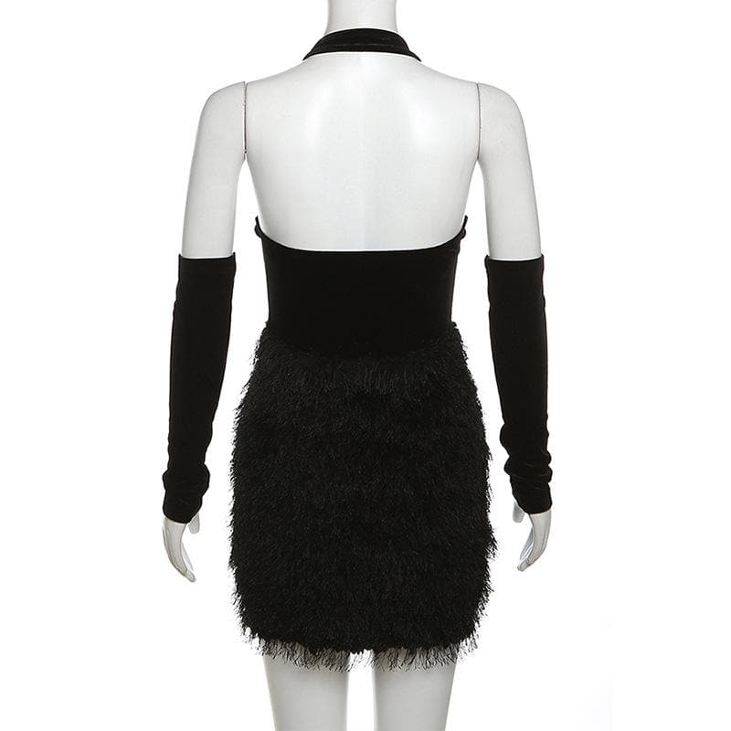 Velvet Mesh Ladder Strap Deep V Halter Fringe Mini Dress with Gloves 3