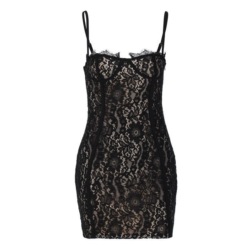 Floral Lace Sweetheart Bustier Spaghetti Strap Zip Back Mini Dress 2
