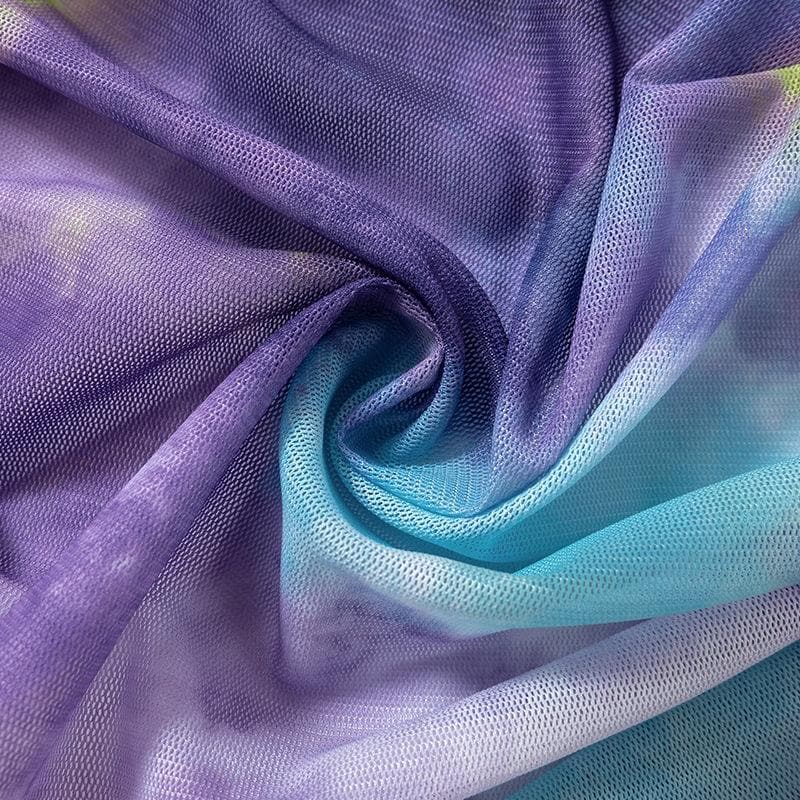 Crewneck Sleeveless Ruched Abstract Tie Dye Mesh Mini Dress 9