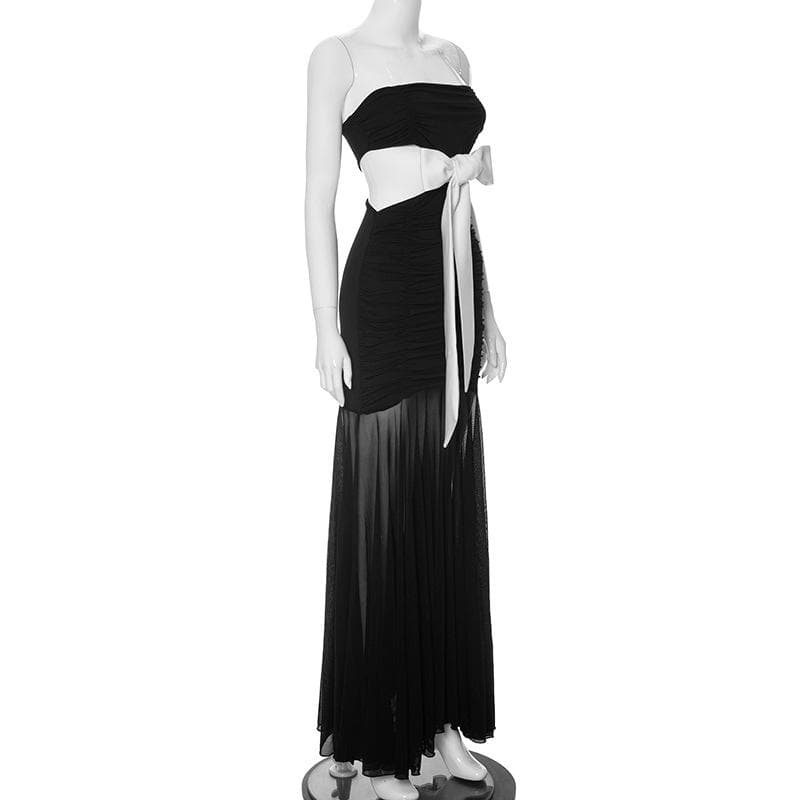 Strapless Ruched Bow Waist Cutout Sheer Tiered Maxi Dress 7