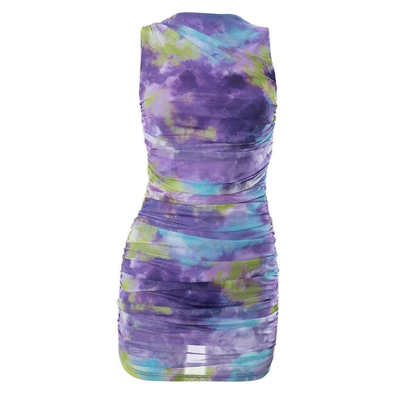 Crewneck Sleeveless Ruched Abstract Tie Dye Mesh Mini Dress 5