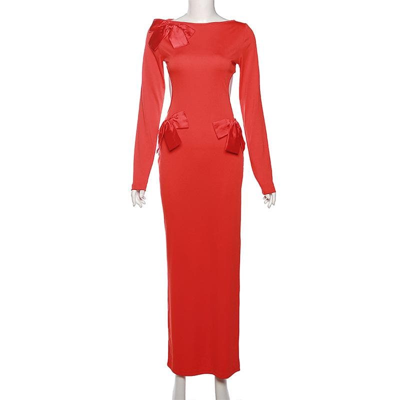 Long Sleeve Side Cutout Bow Detail Bodycon Maxi Dress 8