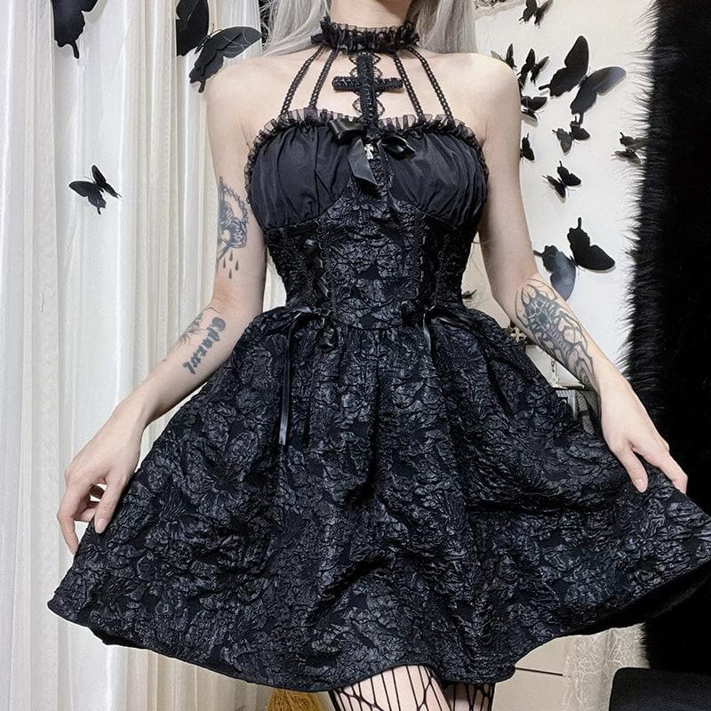Gothic Halter Cross Lace Up Corset Ruffle Collar Mini Dress