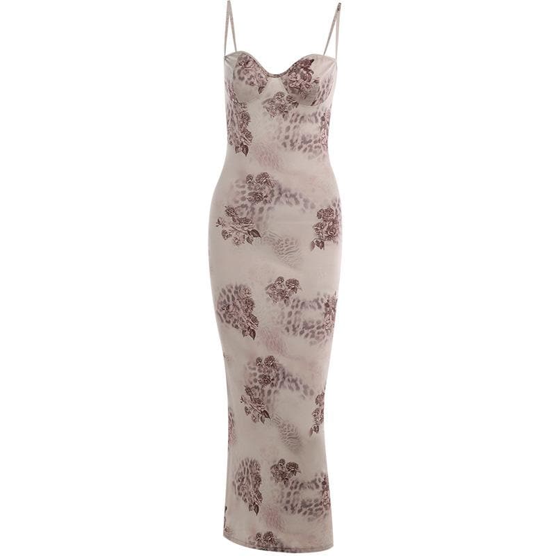 Floral Spotted Print Sweetheart Bustier Spaghetti Strap Bodycon Maxi Dress 2