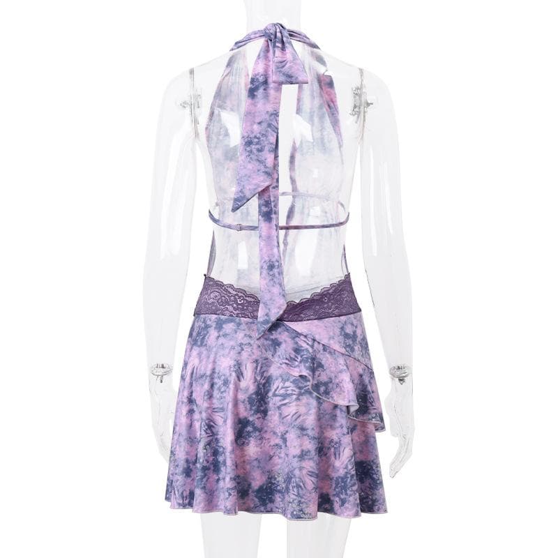 Halter Deep V Neck Lace Waist Ruffle Skirt Tie Dye Mini Dress 4