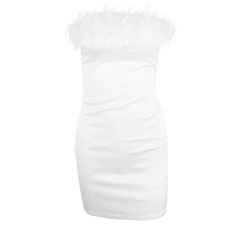 Feather Trim Strapless Ruched Bodycon Tube Mini Dress