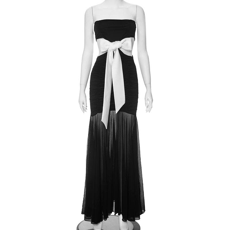 Strapless Ruched Bow Waist Cutout Sheer Tiered Maxi Dress 2