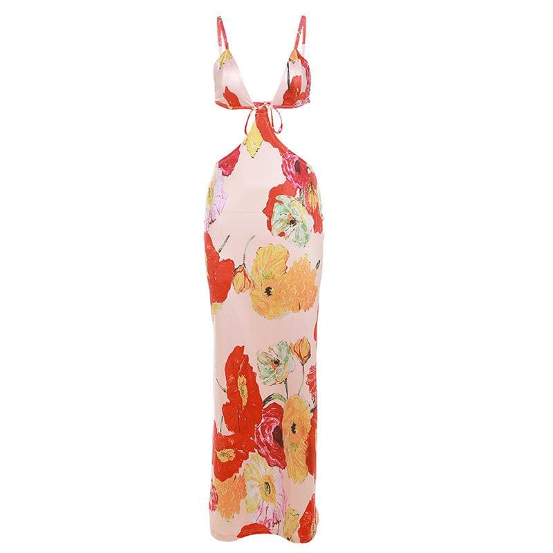 Floral Print Plunge Neck Waist Cutout Spaghetti Strap Maxi Dress 2