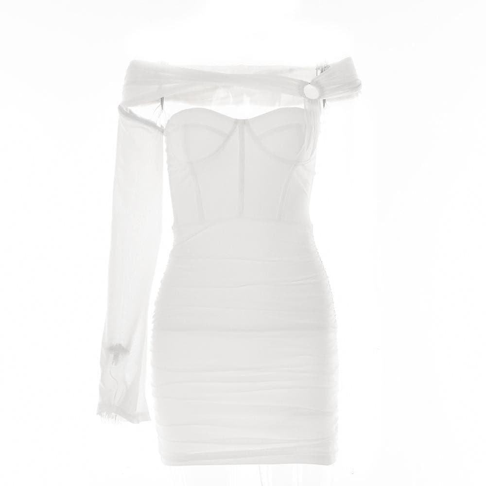 One Shoulder O Ring Hollow Out Mesh Backless Bodycon Mini Dress