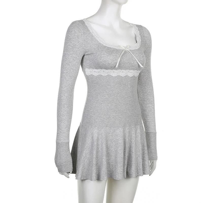 Lace Trim Scoop Neck Bow Empire Waist Ribbed Long Sleeve Flared Mini Dress 5