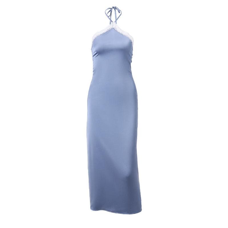 Halter Lace Trim Spaghetti Strap Satin Slip Maxi Dress
