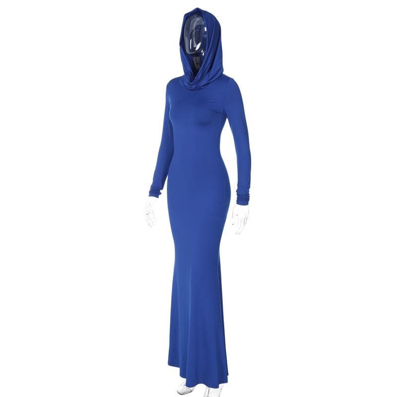 Hooded Cowl Neck Long Sleeve Bodycon Floor-Length Maxi Dress 3