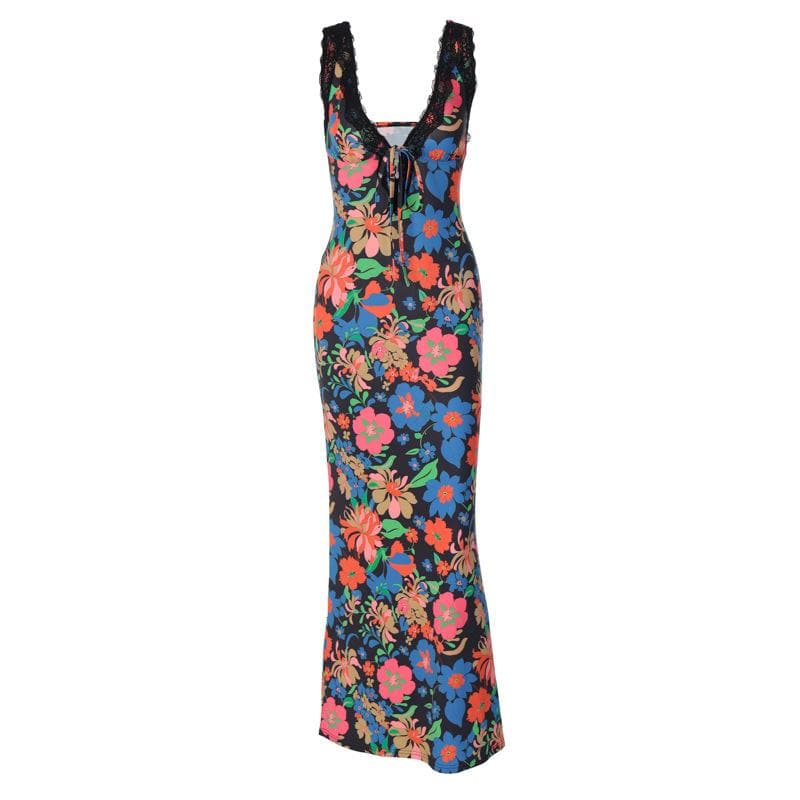 Lace Trim Tie Front Plunge V Neck Floral Maxi Dress 2