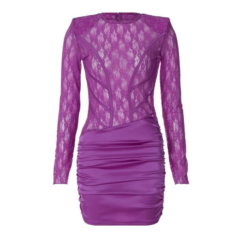 Floral Lace Crew Neck Corset Panel Ruched Satin Bodycon Mini Dress