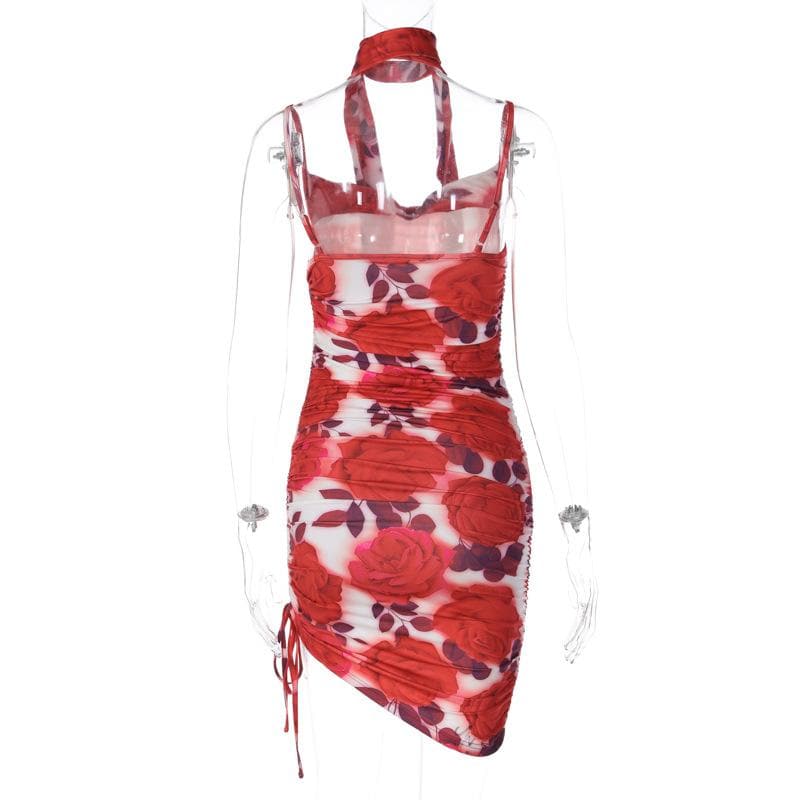 Floral Print Ruched Drawstring Side Spaghetti Strap Midi Dress 4