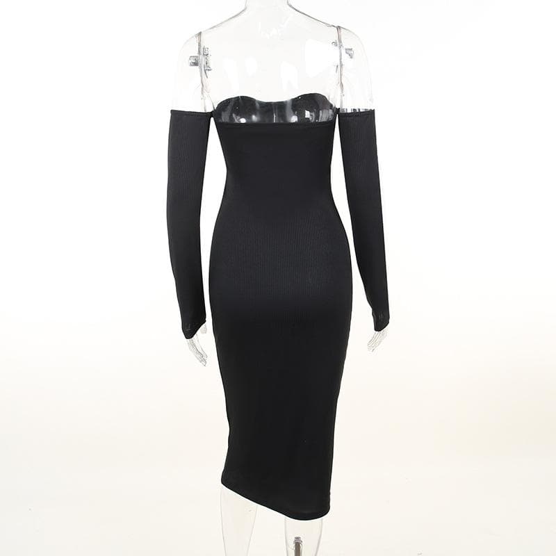 Ribbed Knit Off Shoulder Tube Thumbhole Sleeve Bodycon Maxi Dress 5