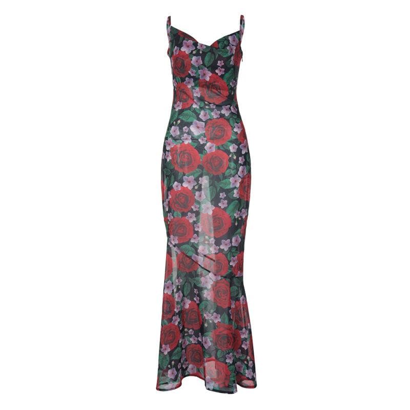 Floral Print Sweetheart Spaghetti Strap Mesh Mermaid Maxi Dress
