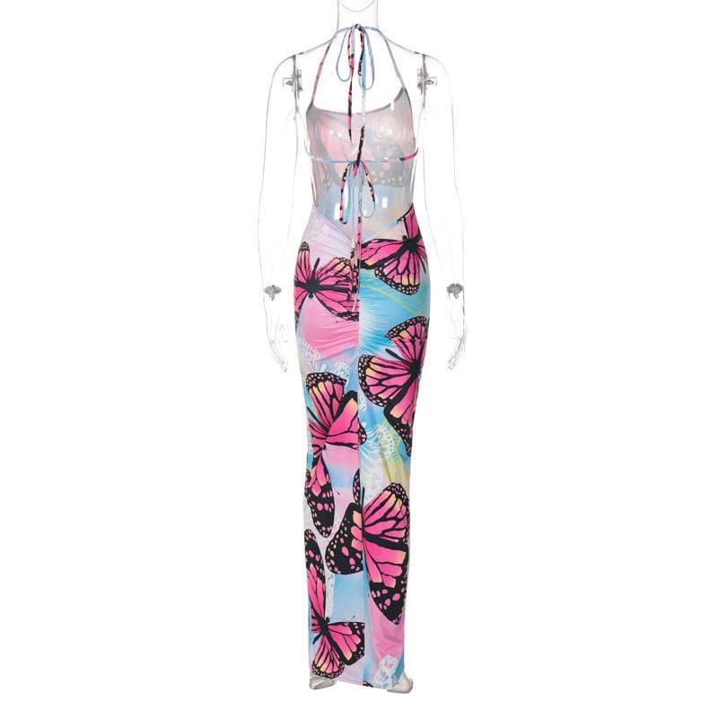 Butterfly Print Ruched Backless Halter Contrast Maxi Dress 4