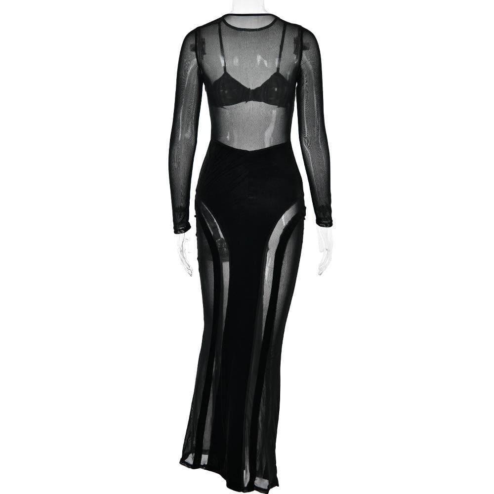 Mesh Patchwork Velvet Paneled Long Sleeve Maxi Dress 5