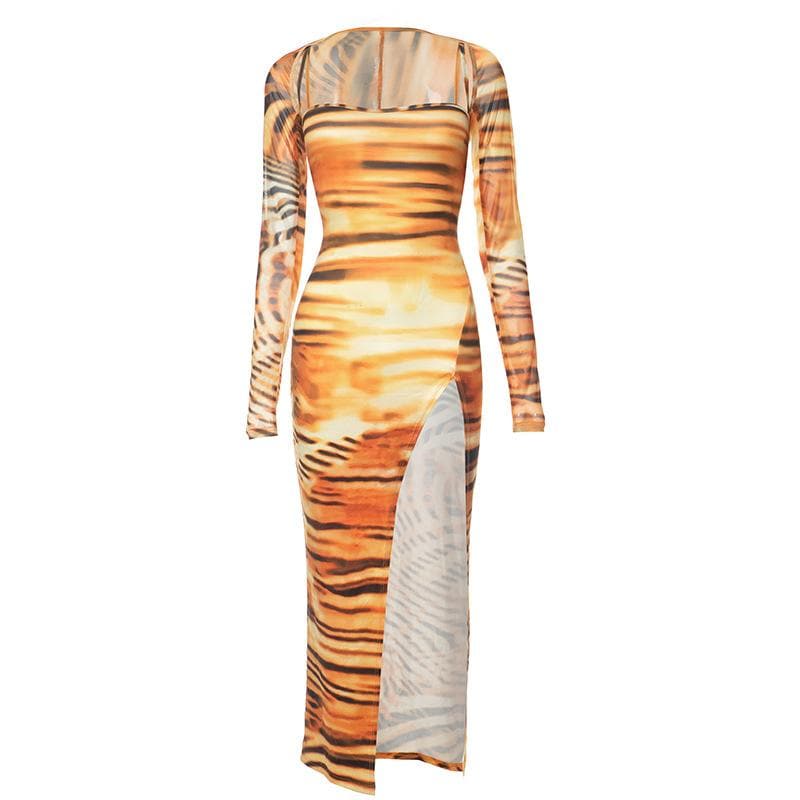 Tiger Print Spaghetti Strap Thigh Slit Bodycon Maxi Dress with Long Sleeve Shrug 2