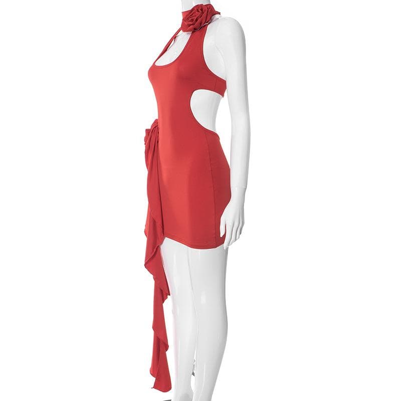 Halter Keyhole Neck Rosette Applique Cascading Ruffle Side Mini Dress 3