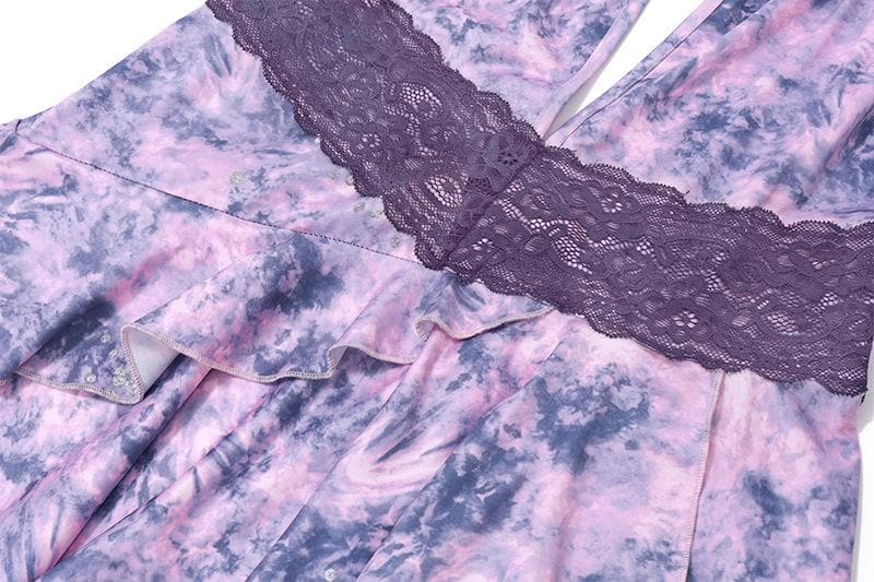 Halter Deep V Neck Lace Waist Ruffle Skirt Tie Dye Mini Dress 7
