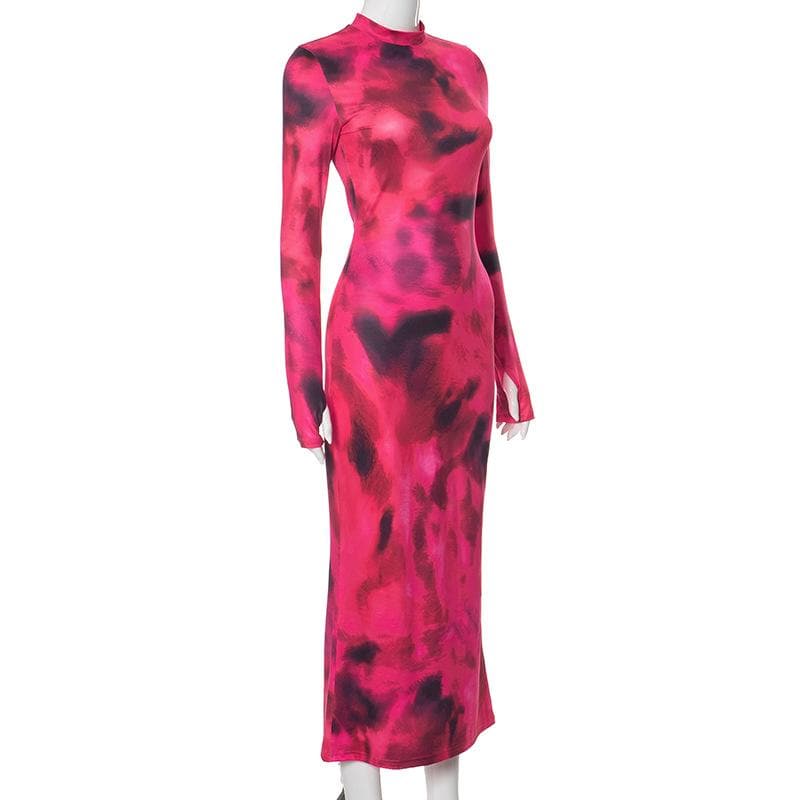 Tie Dye Print Mock Neck Thumbhole Long Sleeve Bodycon Maxi Dress 3