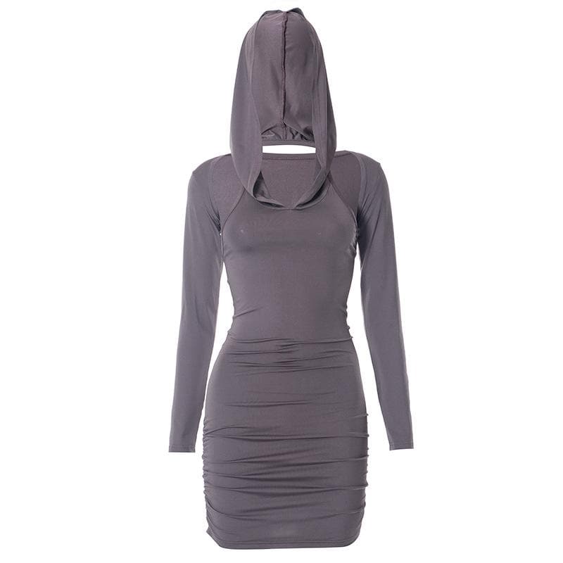 Hooded Cold Shoulder Ruched Long Sleeve Bodycon Mini Dress 2
