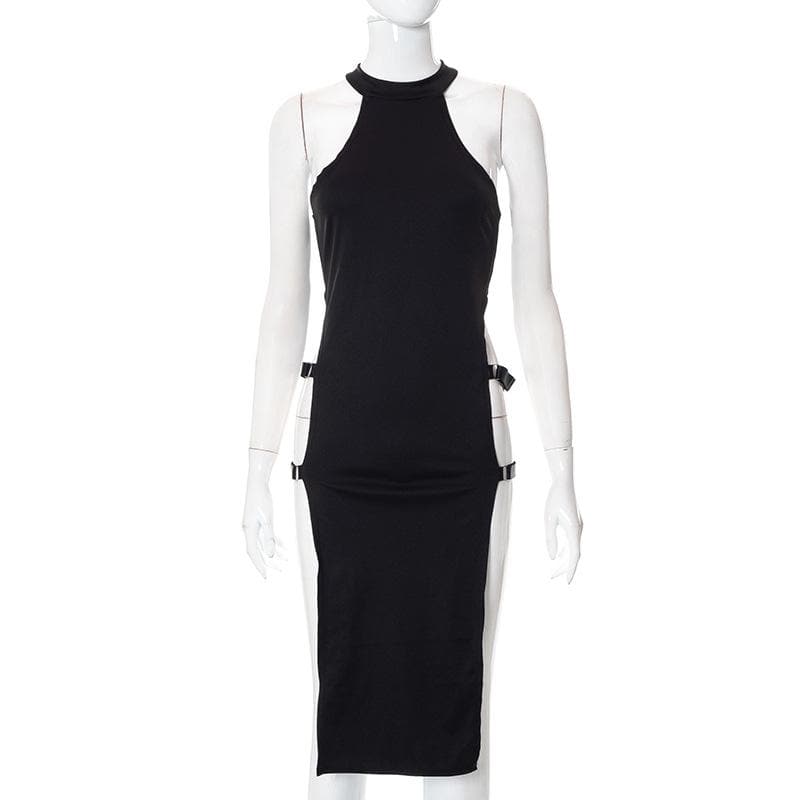 Halter Neck Ring Detail Side Cutout Strap Midi Dress 4