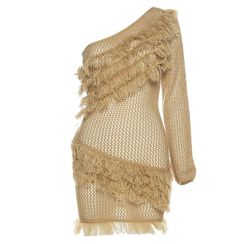 One Shoulder Crochet Fringe Tiered Long Sleeve Bodycon Mini Dress
