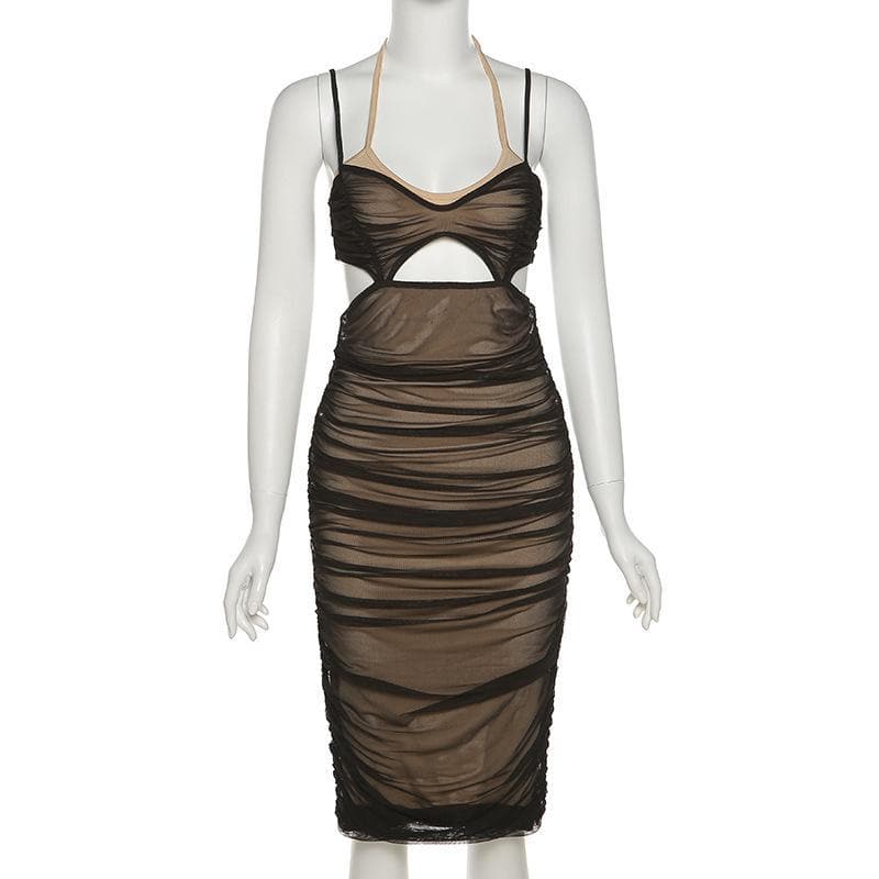 Ruched Mesh Halter Midriff Cutout Bodycon Midi Dress 2