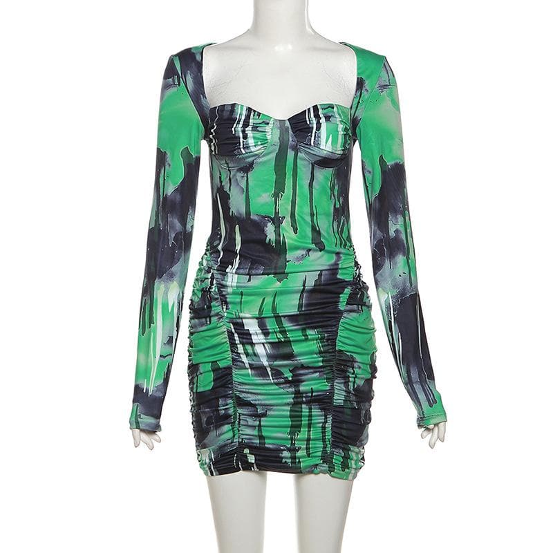 Abstract Print Long Sleeve Square Neck Sweetheart Ruched Bodycon Mini Dress 9