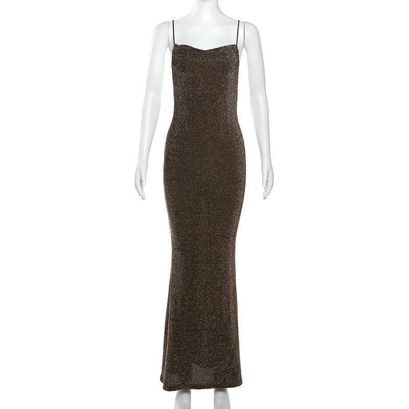 Spaghetti Strap Cowl Neck Glitter Metallic Backless Maxi Dress 2