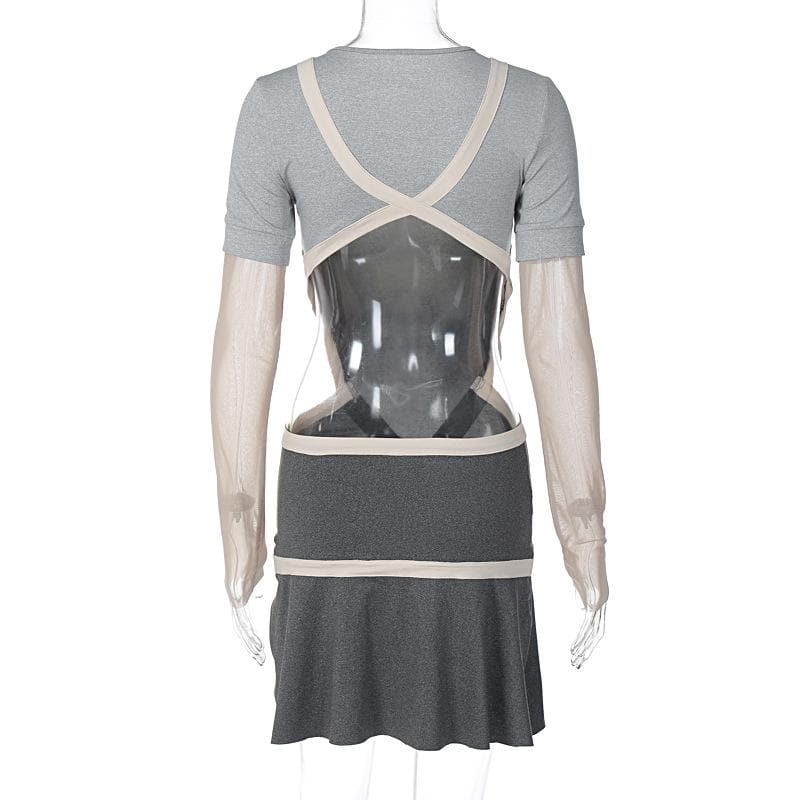 Mesh Long Sleeve Contrast Cross Front Hollow Out Mini Dress 3