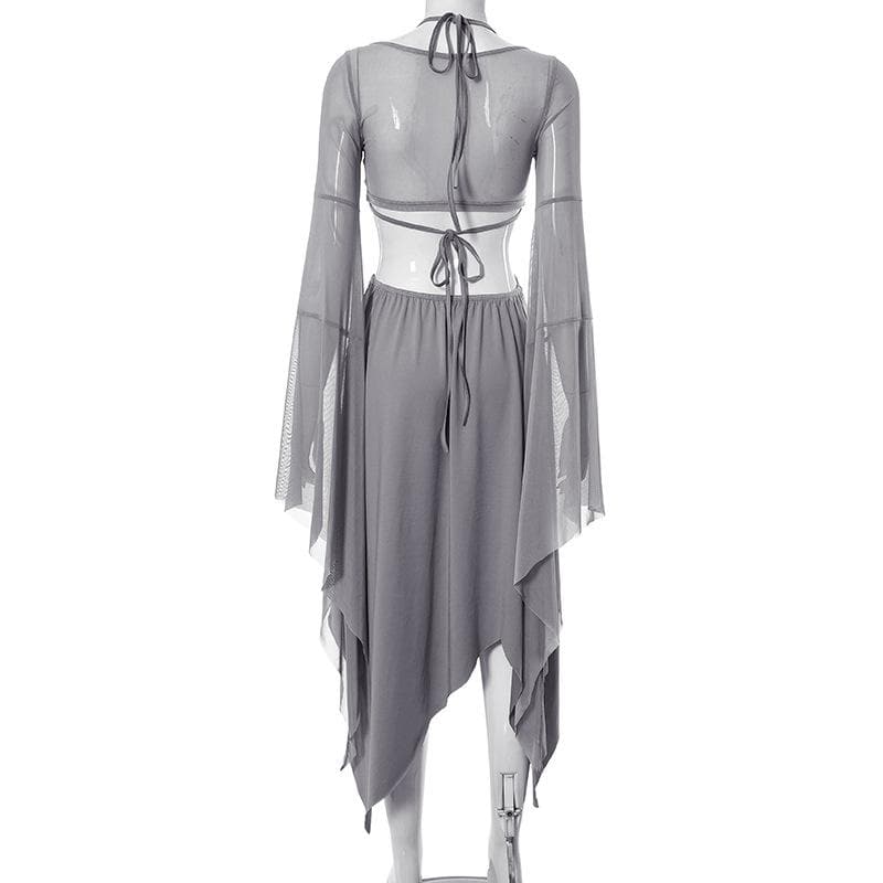 Halter Keyhole Self Tie Bell Sleeve Shrug Cutout Side Slit Handkerchief Hem Midi Dress 6